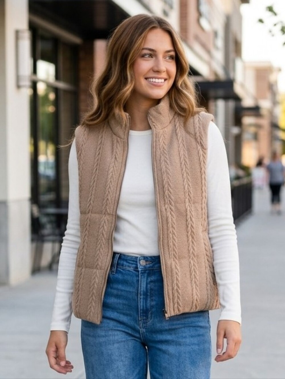 Cable Knit Puffer Vest Zip Up Fleece Tan Beige Medium Cozy Oversized Layering